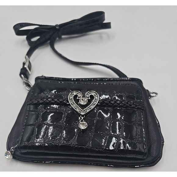 BRIGHTON Small Black Patent Leather SILVER ADORNED Shoulder Bag Cross Body - Picture 3 of 10
